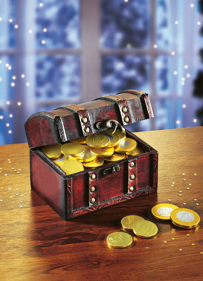 Schatkist met chocolade munten 