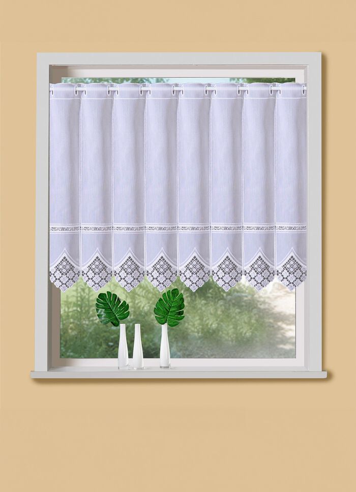 Korte jaloezie&euml;n met elegante macram&eacute;kant en staafdoorvoer 