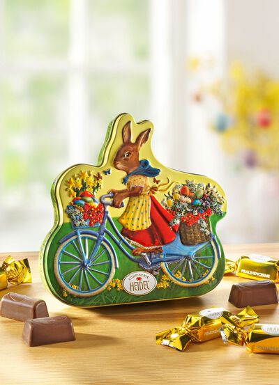 Metalen blikje met een konijn op fietsmotief 