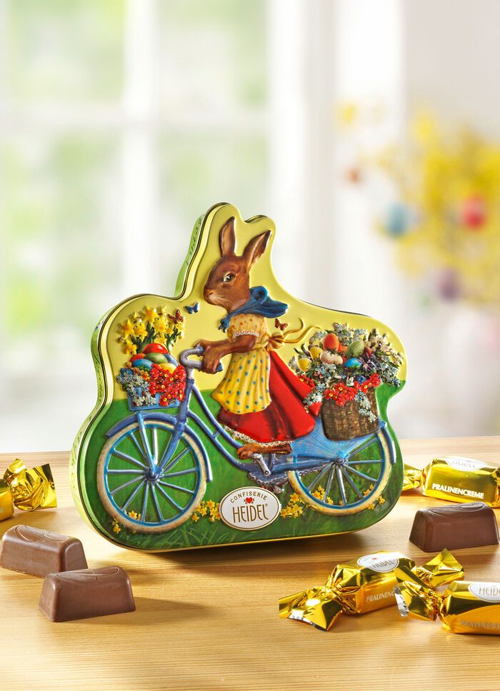 Metalen blikje met een konijn op fietsmotief 