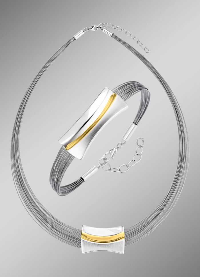 Moderne bicolorset van 925/- fijn zilver en staal 