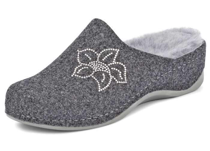 Mubb, gevoerde damespantoffels, breedte H, met lamsvacht ANTRACIET