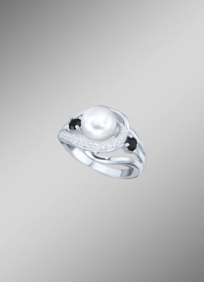 Damesring met synthetische zirkonia en zoetwaterparel 