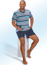 Shortama van biologisch geteelde katoen met V-hals en in het garen geverfd streepjesmotief 