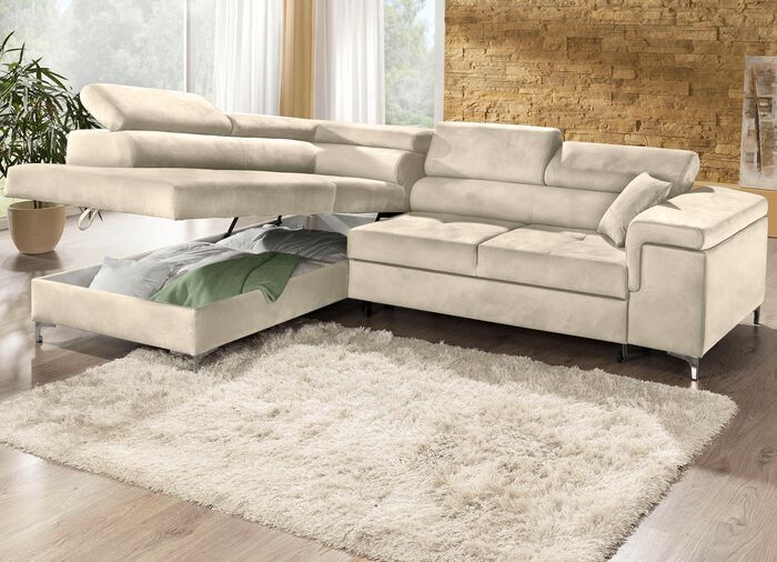 Gestoffeerde hoek met bedfunctie en comfortabele schuimvulling BEIGE
