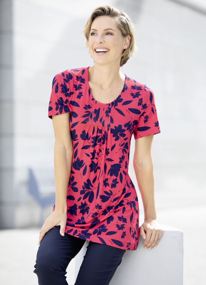 Interessant lang shirt met all-over patroon in 2 kleuren ROOD-MARINE