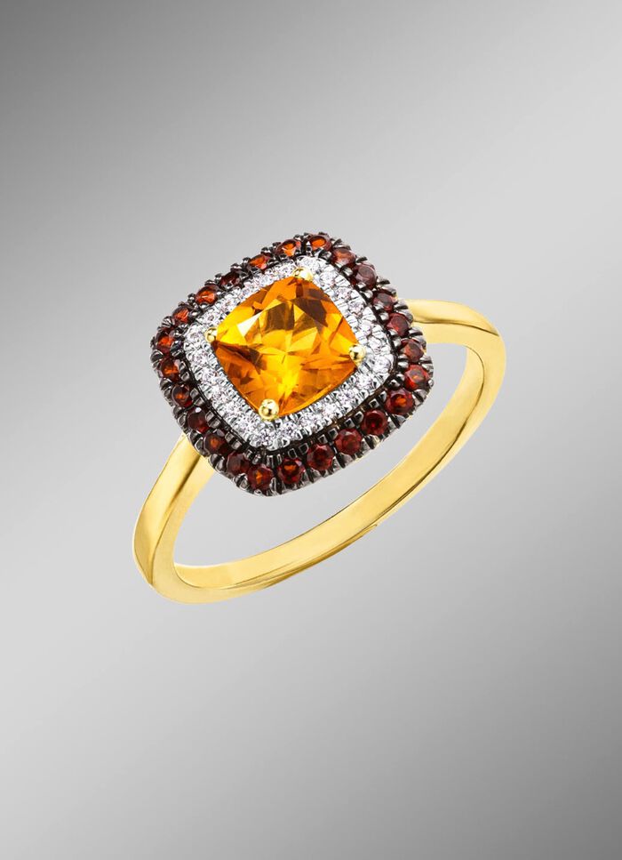 Betoverende damesring met diamanten, citrien en granaat 