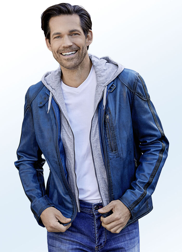 Korte lederen jas met afneembare sweat-inzet 