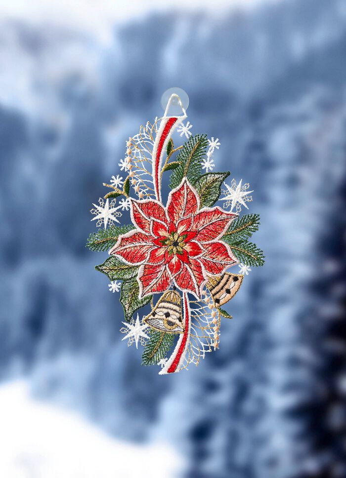 Raamdecoratie van echt kantwerk uit Plauen 