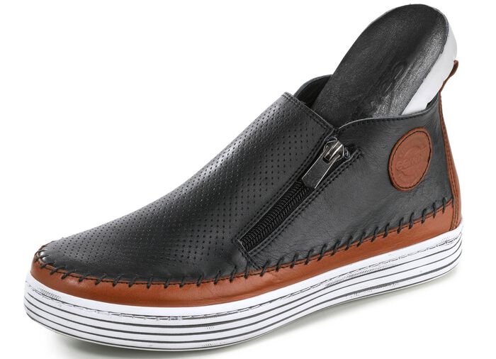 Gemini laarsje van rundnappaleer met decoratieve perforaties ZWART-BRUIN