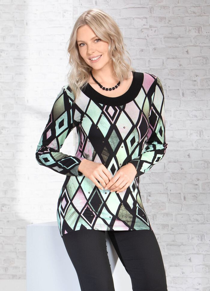 Expressief lang shirt met zwart paneel 