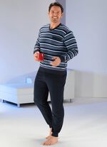 Pyjama van stretch badstof met boorden, V-hals en garengeverfd streepmotief 