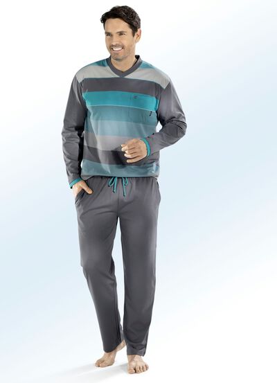 Hajo ademende comfort pyjama met V-hals en in het garen geverfd streepdesign 