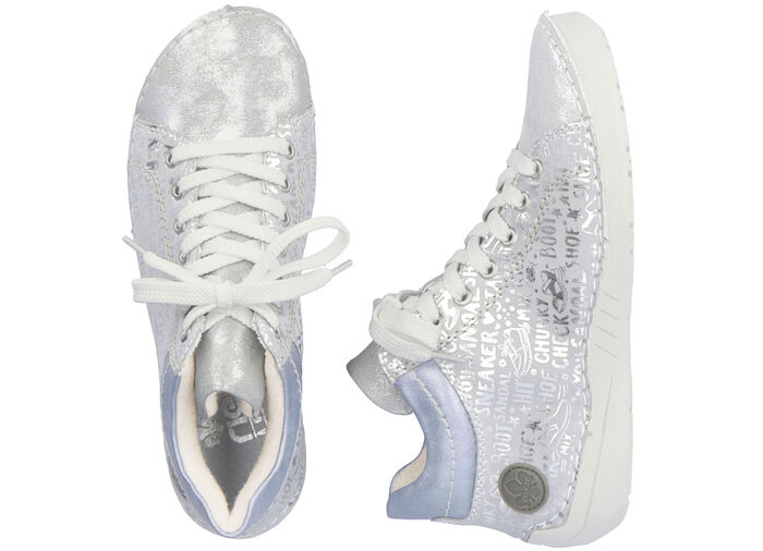 Rieker veterlaarsje van origineel bedrukt synthetisch materiaal ZILVER-GRIJS-BLAUW