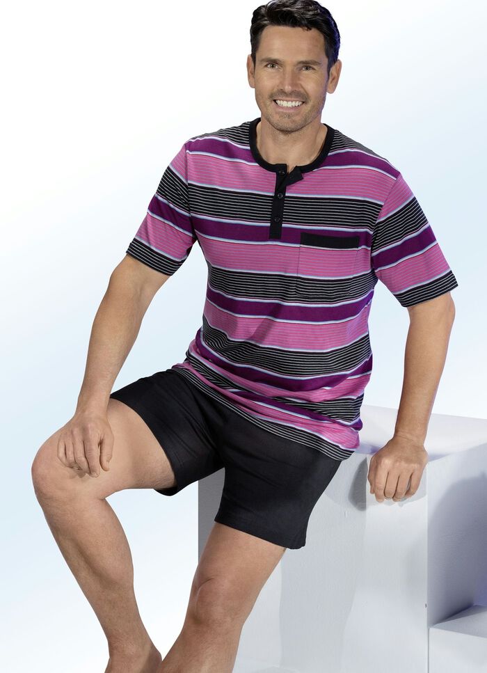 Shorty van biologisch katoen met garen geverfd streepjesmotief, knoopsluiting en borstzakje 