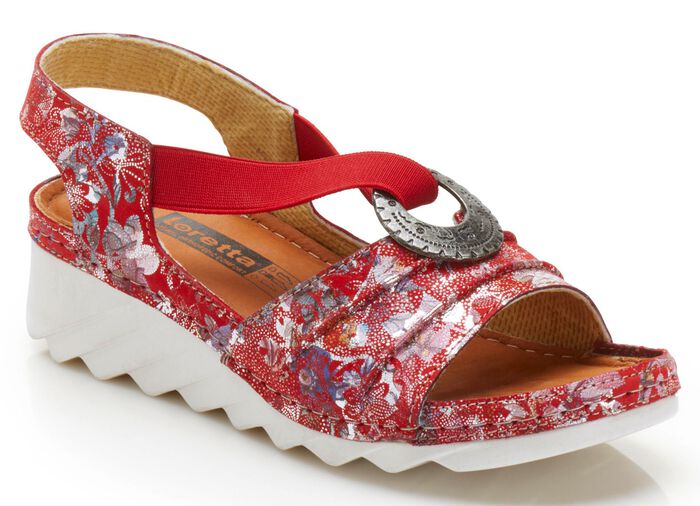 Sandaal gemaakt van nubuckleer met bloemenprint ROOD