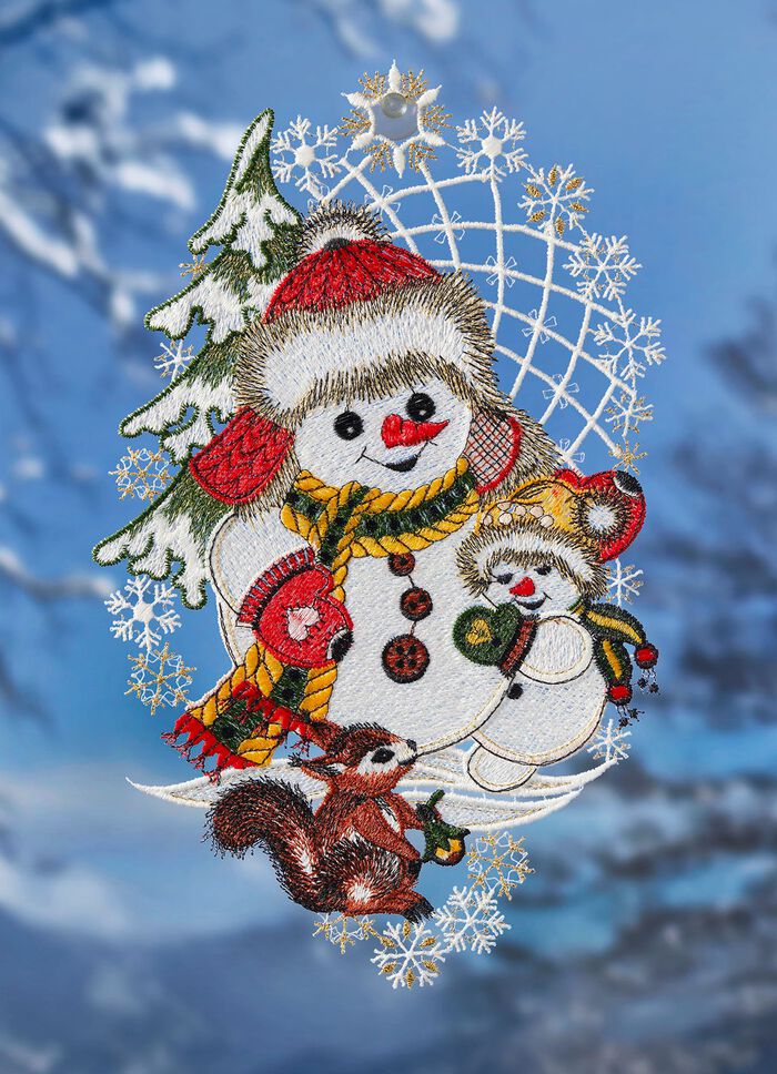 Raamfoto sneeuwpoppen en eekhoorns 