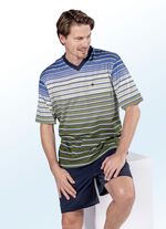 Hajo ademende comfort shortama met V-hals en garengeverfd streepmotief, borstzakje 