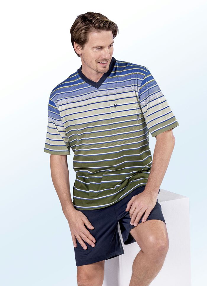 Hajo ademende comfort shortama met V-hals en garengeverfd streepmotief, borstzakje 