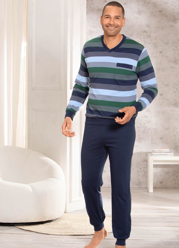 Set van twee pyjama's met V-hals en opgestikte borstzak in gestreept dessin 