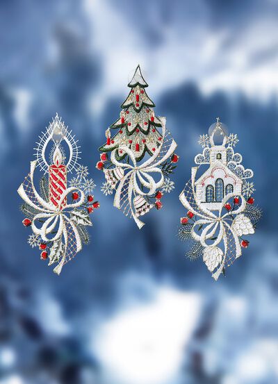 Raamdecoratie, set van 3 van echt kantwerk uit Plauen 