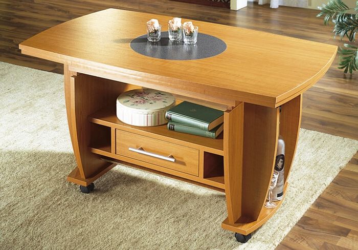 Salontafel op wielen met steenlook inleg KERSEN