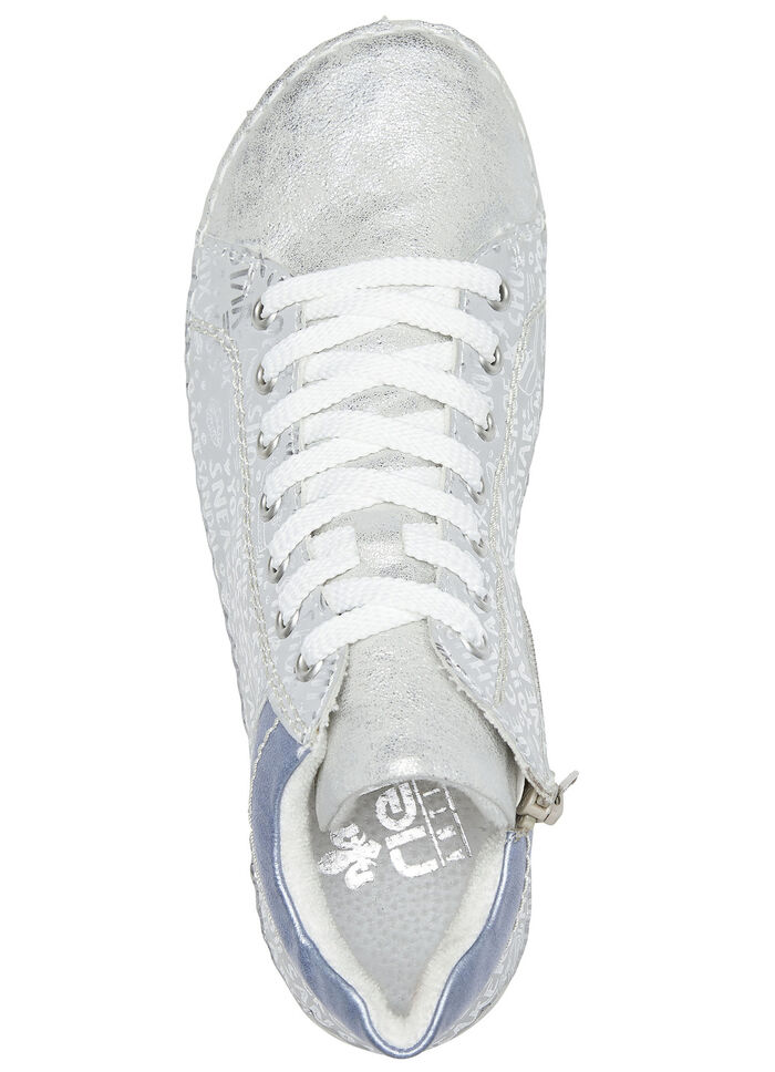 Rieker veterlaarsje van origineel bedrukt synthetisch materiaal ZILVER-GRIJS-BLAUW