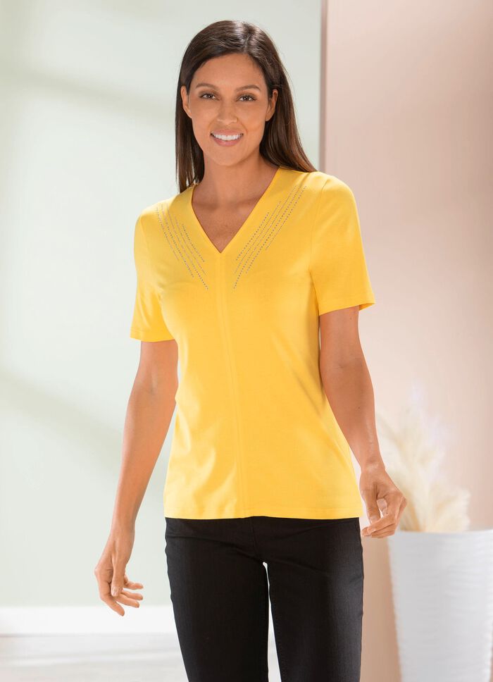 Shirt met elegante strassversiering in 2 kleuren GEEL