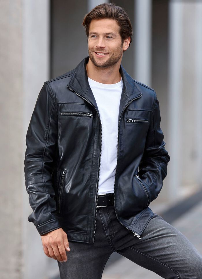 Kort leren jack met binnenzakken 