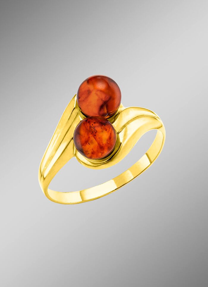 Gouden damesring met echte barnsteen 