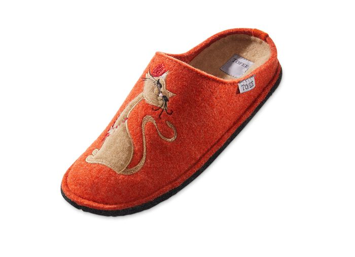 Pantoffels met qua kleur bijpassende kattenapplicatie ORANJE