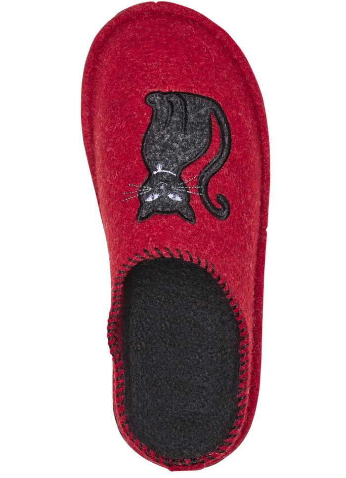 Klassieke damespantoffels, breedte H, met schattige kattenapplicatie ROOD