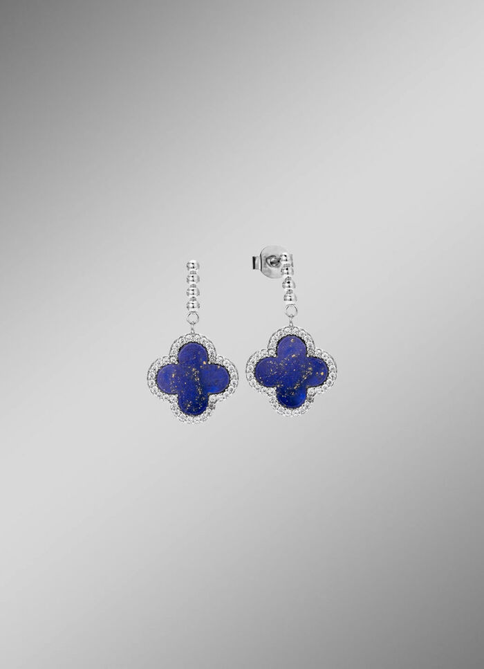 Klaverblad oorbellen met echte lapis lazuli en synthetische zirkonia 