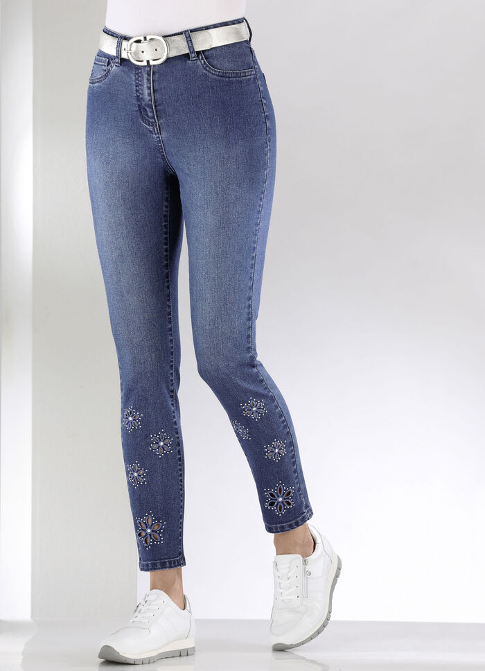 Jeans met geborduurde bloemetjes en strass-steentjes JEANS BLAUW