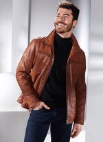 Kort leren jasje met opstaande kraag ANTIEK COGNAC