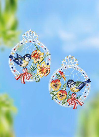 Raamdecoratie van kantwerk uit Plauen, set van 2 