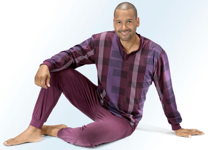 Pyjama met knoopsluiting, ruitjespatroon en boorden KASTANJE