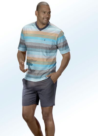 Hajo Klima comfort shorty met garengeverfd gestreept dessin, V-hals, borstzak  Hajo Klima comfort shorty met garengeverfd gestreept dessin, V-hals, borstzak