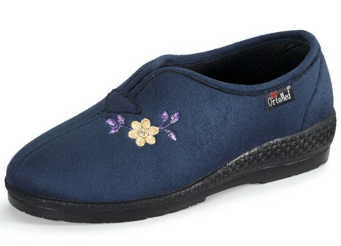 Klassieke damespantoffels, breedte H, met borduursel MARINE