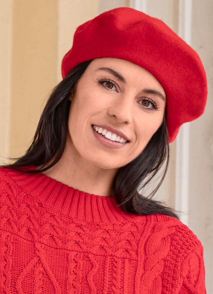 Seeberger, damesbaret, gemaakt van scheerwol VUURROOD