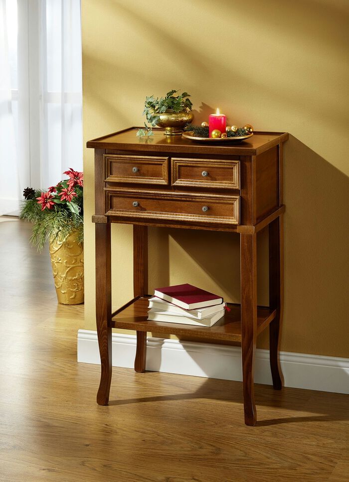 Bijzettafel met schuiflades en metalen handgrepen NOTENBOOM