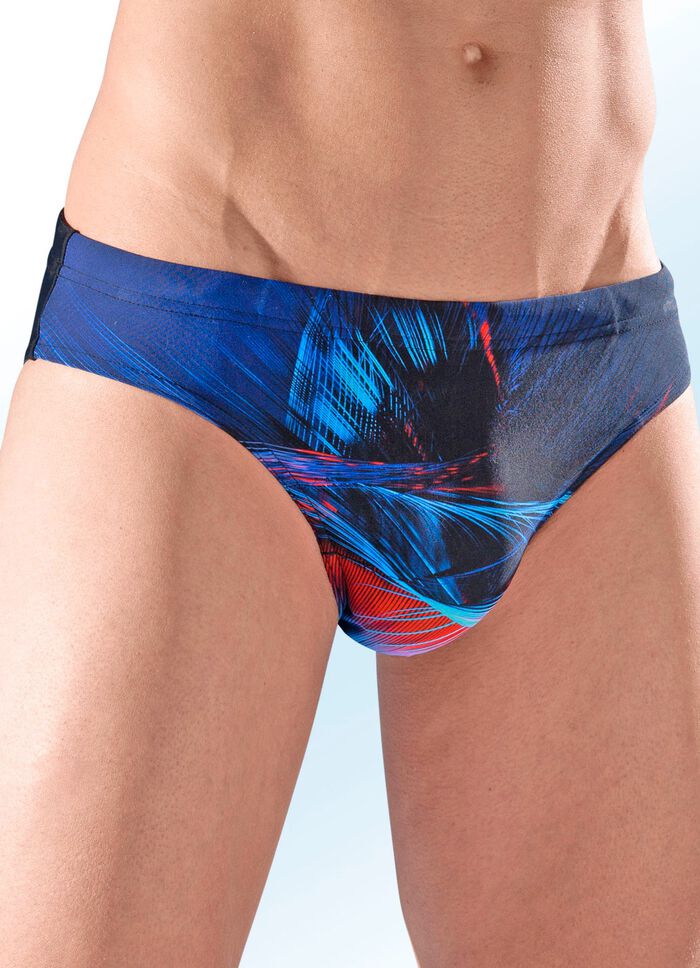 Zwembroek in de vorm van een slip met een kleurrijk printdessin 