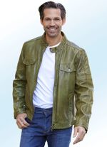 Korte leren jas met sierstiksel 