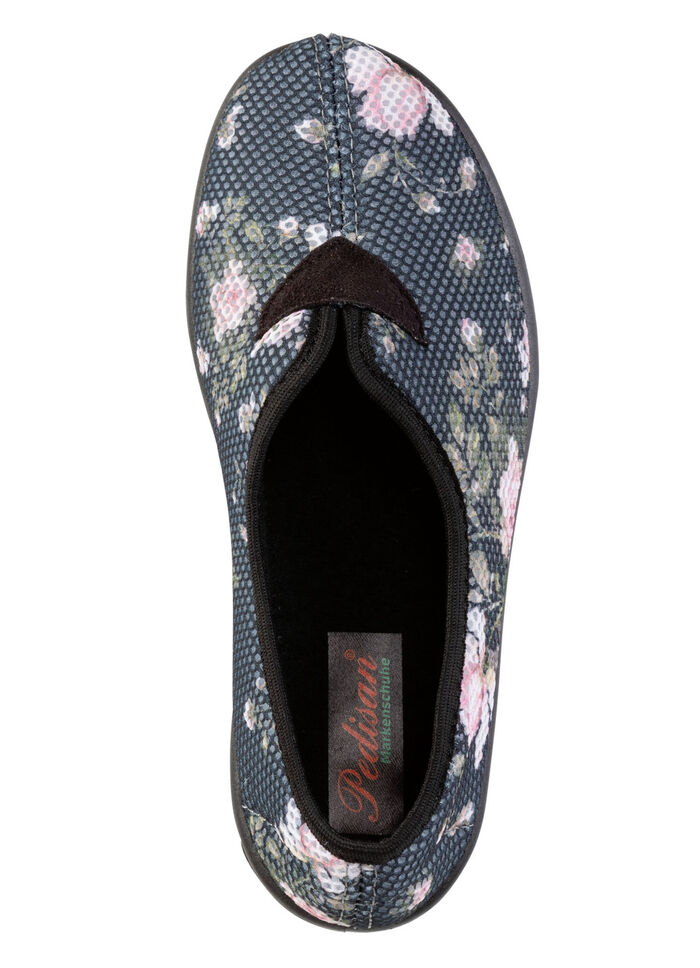 Comfortabele damespantoffels, breedte H, gemaakt van mesh-materiaal met bloemenprint GRAU-BUNT