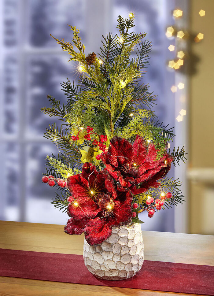 Verlichte kerstster arrangement GROEN-ROOD
