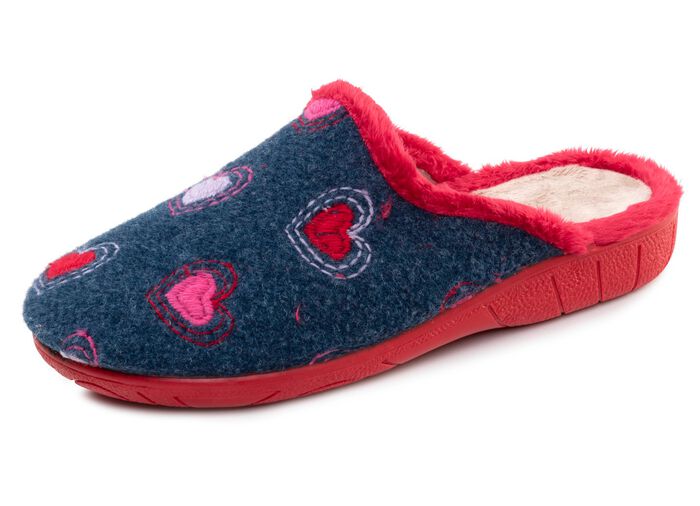 Laurina, warme damespantoffels, met pluche BLAUW-ROOD