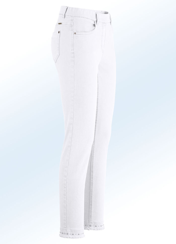 Magische jeans met leuke klinknagels en een trendy zoom met franjes WIT