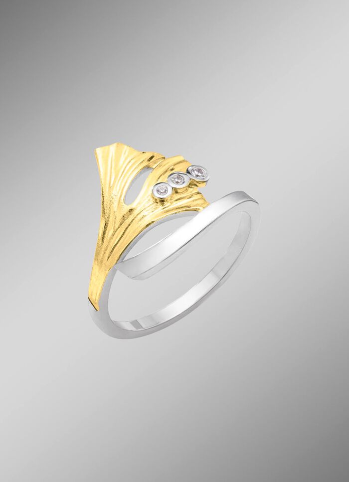 Damesring ginkgoblad in bicolor met synthetische zirkonia 