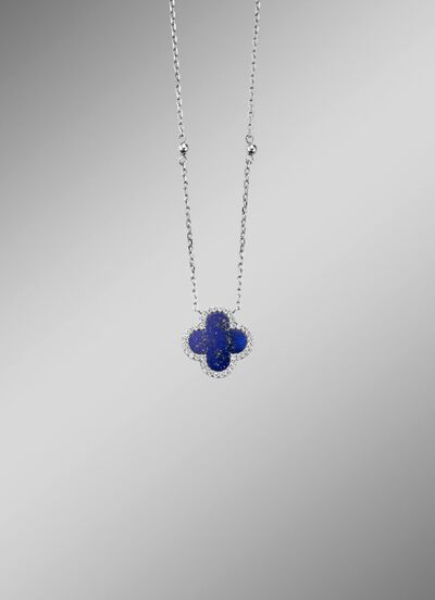 Klaverbladketting met echte lapis lazuli en synthetische zirkonia 