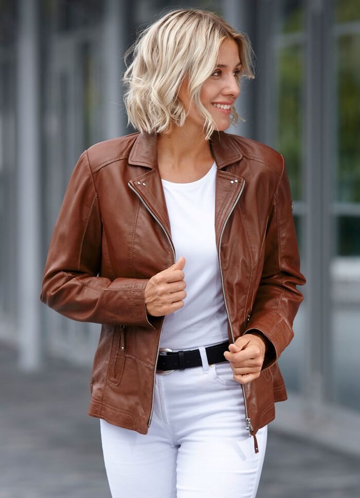 Kort leren jack van &ldquo;Cabrini&rdquo; MITTELBRAUN